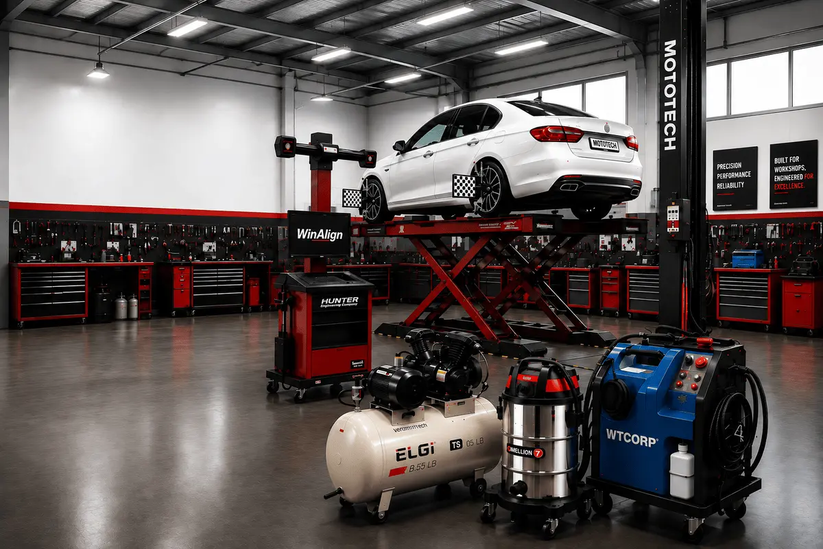 Automotive workshop with wheel alignment machine and garage equipment